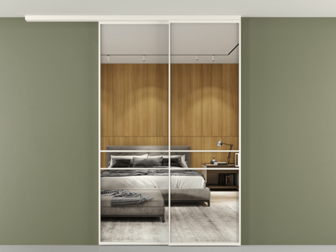 Перегородка Формато вдоль стены на потолок 2 створки с синхронным механизмом АЛПР 040.02 Алюминий пудровый белый Двустороннее зеркало, триплекс , триплекс 6 мм Цена 452850 сом | Volhovec