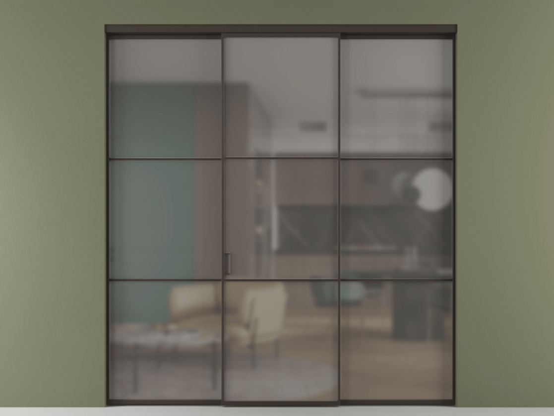 Перегородка Формато внутри проёма 3 створки АЛПР 040.03 Алюминий антрацит Сатинированное серое стекло, триплекс Цена 12370 AZE | Volhovec