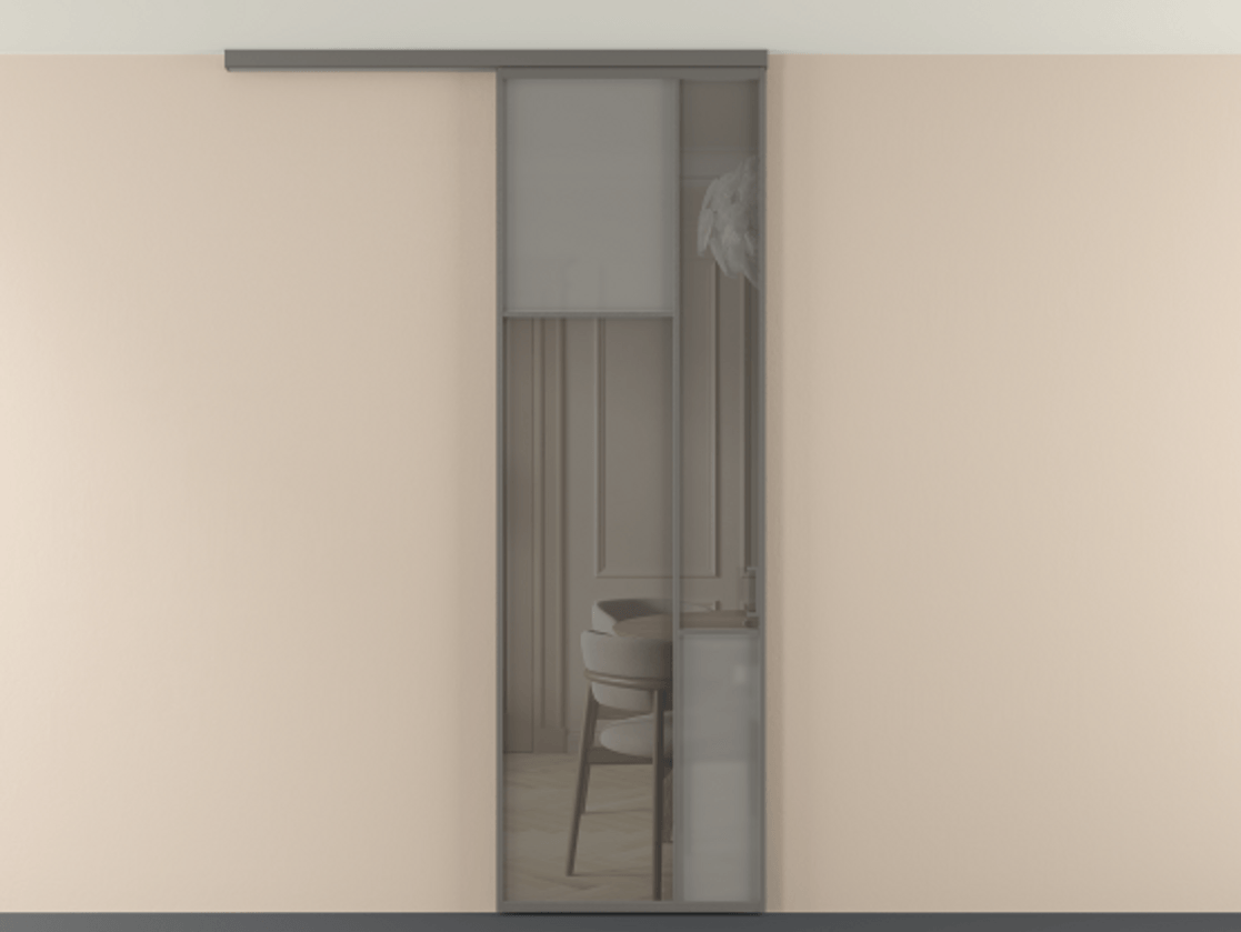 Перегородка Мозаик вдоль стены на потолок 1 створка АЛПР 041.10 Алюминий классический серый Сатинированное серое стекло, триплекс, 6 мм + Прозрачное серое стекло, триплекс Цена 196620 сом | Volhovec