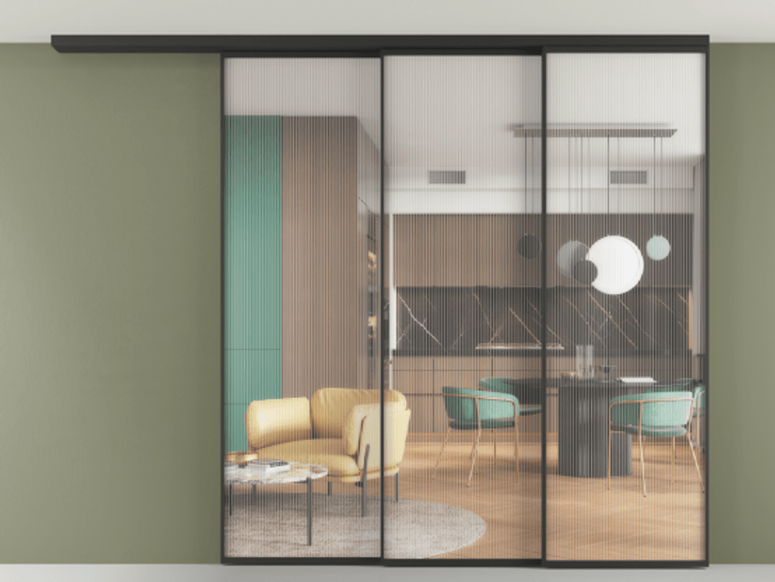 Перегородка Формато вдоль стены на потолок 3 створки с синхронным механизмом АЛПР 040.01 Алюминий Черный Рифлёное стекло "Мору", триплекс. Скрытый короб ЧЕР Цена 557400 сом 1. Полотно 2 шт. (800/2100 мм)
2. Комплект установки раздвижной системы
3. Базовый комплект фурнитуры
4.Ручка Рондо. Фабрика дверей Волховец 8 (800) 551 43 19 Перегородка Формато вдоль стены на потолок 3 створки с синхронным механизмом АЛПР 040.01 Алюминий Черный Рифлёное стекло "Мору", триплекс Цена 557400 сом | Volhovec