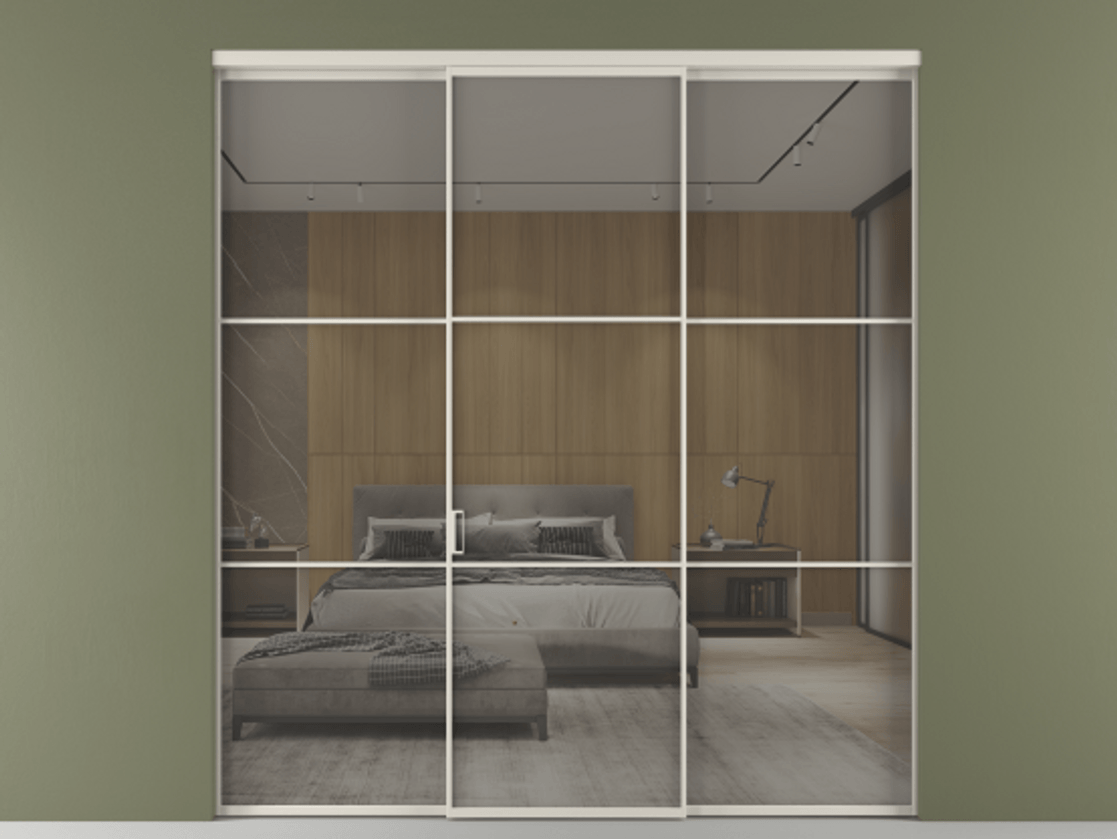 Перегородка Formato внутри проёма 3 створки АЛПР 040.03 Алюминий облачно-серый Рефлективное серое стекло "Stopsol", калёное Цена 462430 сом | Volhovec