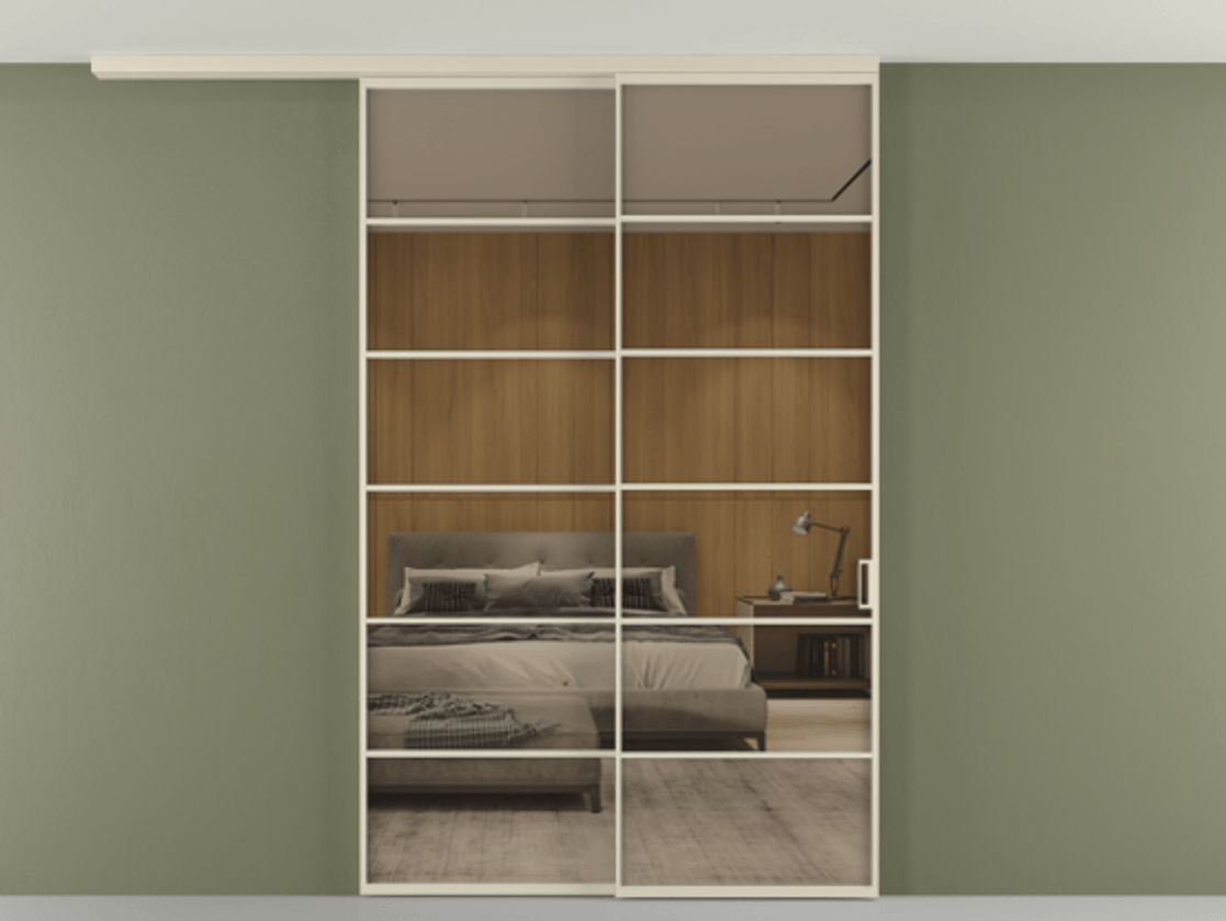 Перегородка Формато вдоль стены на потолок 2 створки с синхронным механизмом АЛПР 040.04 Алюминий бежево-серый Рефлективное бронзовое стекло "Стопсол", калёное Цена 501130 сом | Volhovec