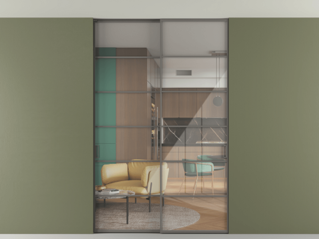 Перегородка Формато внутри проёма скрытое крепление в потолок 2 створки АЛПР 040.04 Алюминий классический серый Рефлективное прозрачное стекло "Стопсол", калёное Цена 469820 сом | Volhovec