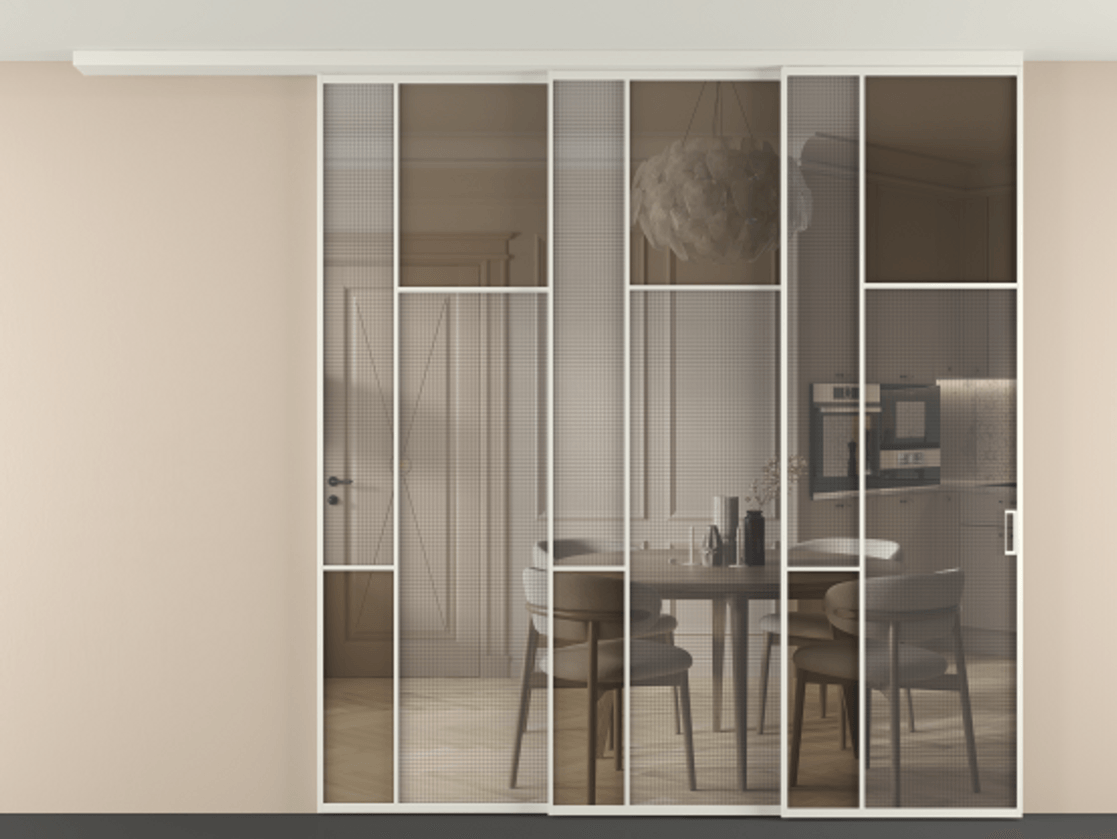Перегородка Mosaic вдоль стены телескопик синхро-3 АЛПР 041.11 Алюминий Белый Mesh silver + Бронза прозрачное триплекс Цена 629920 сом | Volhovec