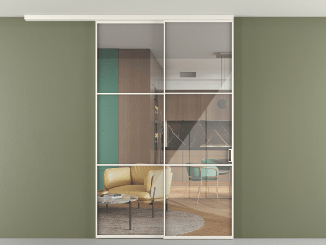 Перегородка Формато вдоль стены на потолок 2 створки с синхронным механизмом АЛПР 040.03 Алюминий пудровый белый Рефлективное прозрачное стекло "Стопсол", калёное Цена 476140 сом | Volhovec