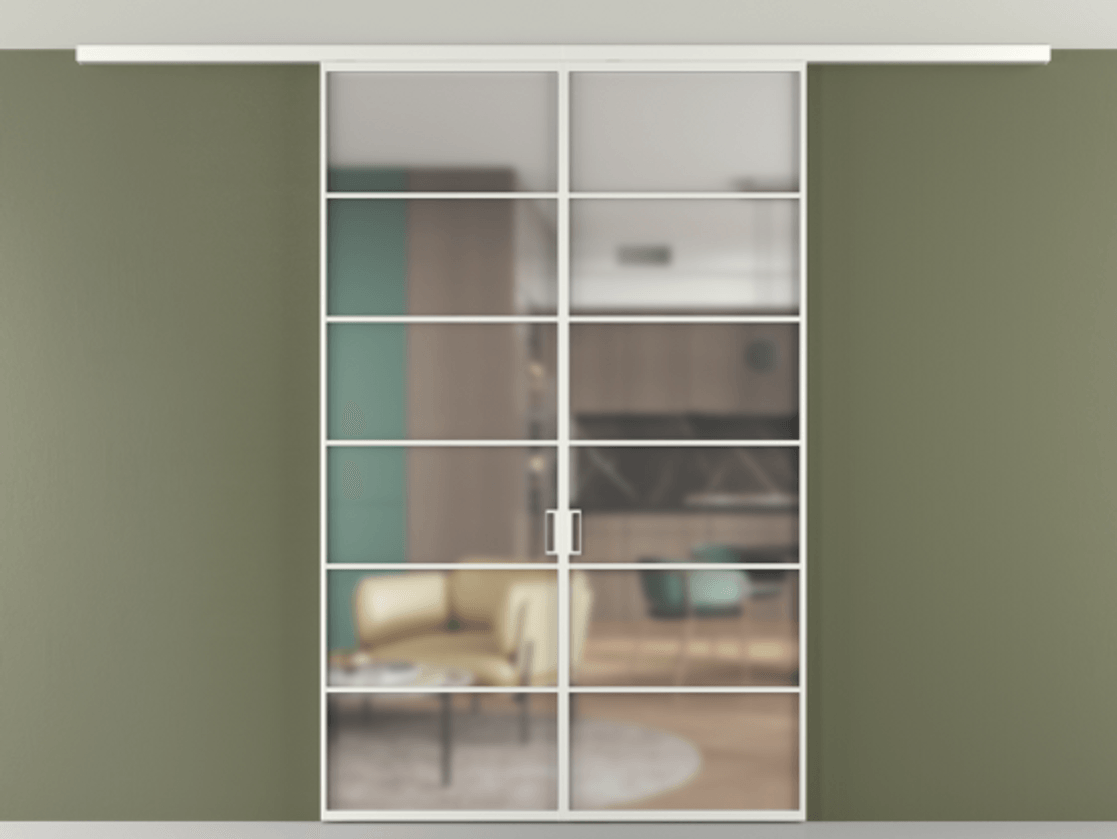 Перегородка Формато вдоль стены на потолок 2 створки АЛПР 040.04 Алюминий светло-серый Сатинированное стекло "Мателюкс Кристал Вижн", калёное, матовое, каленое 6 мм Цена 380130 сом | Volhovec