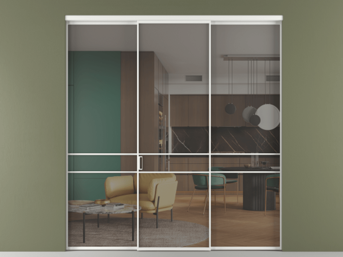 Перегородка Формато внутри проёма 3 створки АЛПР 040.02 Алюминий белоснежный Рефлективное серое стекло "Стопсол", калёное Цена 64472800 so'm | Volhovec