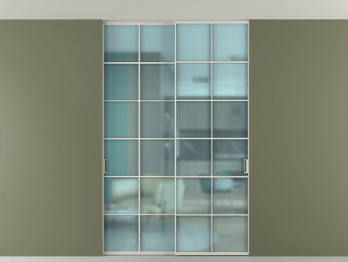 Перегородка Формато внутри проёма скрытое крепление в потолок 2 створки АЛПР 040.05 Алюминий тёплый серый Сатинированное голубое стекло, триплекс Цена 380140 сом | Volhovec