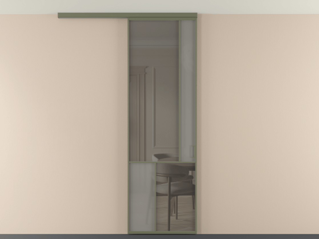 Перегородка Мозаик вдоль стены на потолок 1 створка АЛПР 041.21 Алюминий оливковый тёмный Сатинированное серое стекло, триплекс, 6 мм + Прозрачное серое стекло, триплекс Цена 196620 сом | Volhovec