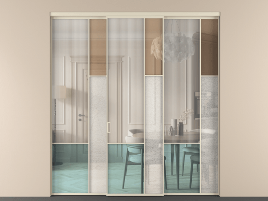 Перегородка Mosaic внутри проёма 3 створки АЛПР 041.12 Алюминий бежево-серый Комбинация стекол Группы 1 и Группы 3 Цена 523270 сом | Volhovec