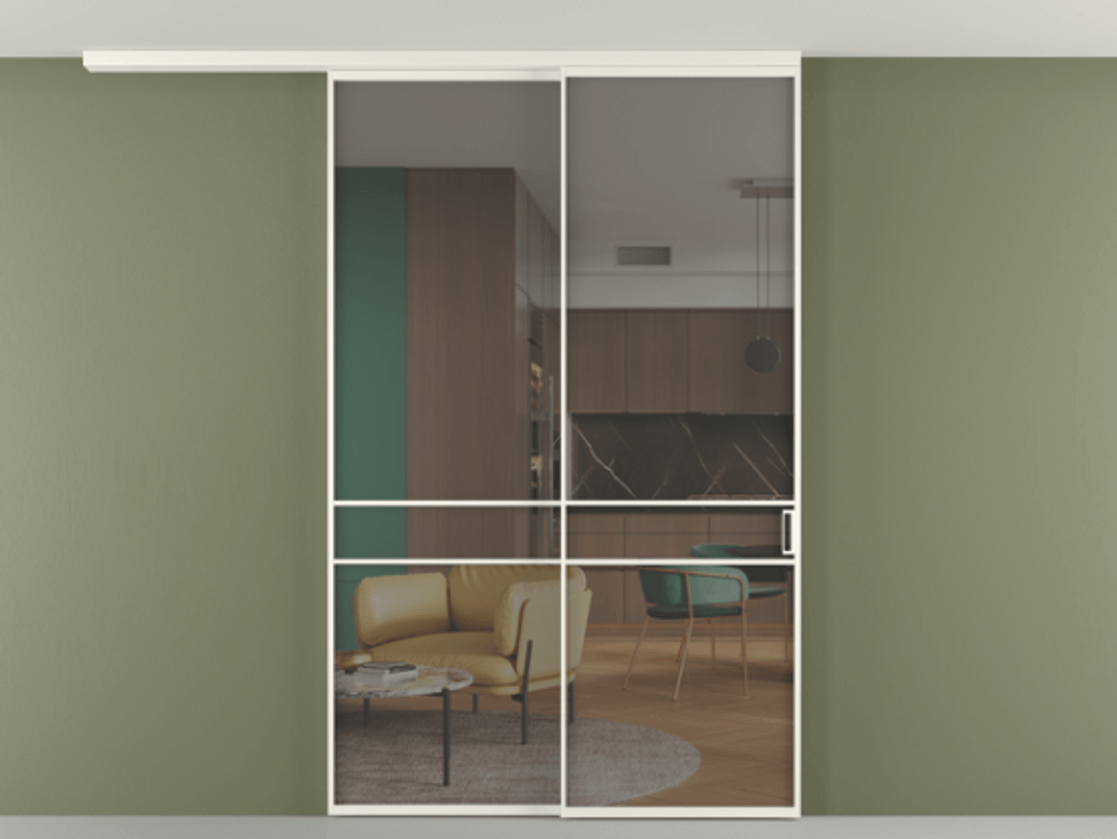 Перегородка Формато вдоль стены на потолок 2 створки с синхронным механизмом АЛПР 040.02 Алюминий пудровый белый Прозрачное серое стекло, триплекс Цена 452850 сом | Volhovec