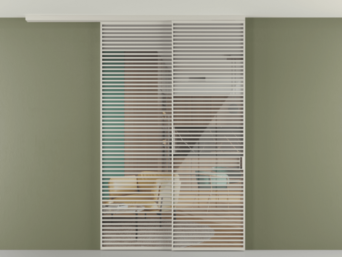 Перегородка Формато вдоль стены на потолок 2 створки с синхронным механизмом АЛПР 040.07 Алюминий тёплый серый Рефлективное прозрачное стекло "Стопсол", калёное Цена 790050 сом | Volhovec