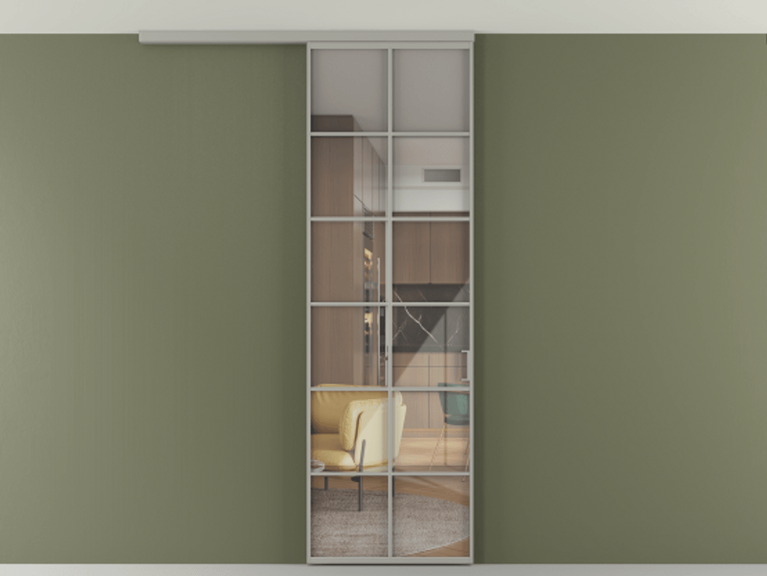 Перегородка Формато вдоль стены на потолок 1 створка АЛПР 040.05 Алюминий нейтральный серый Рефлективное прозрачное стекло "Стопсол", калёное Цена 195240 сом | Volhovec