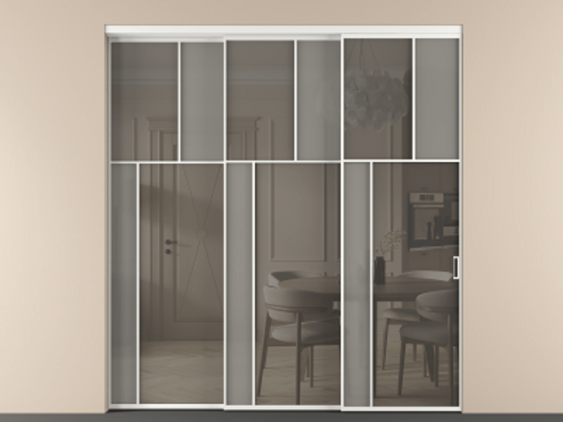 Перегородка Мозаик внутри проёма 3 створки с синхронным механизмом АЛПР 041.22 Алюминий белоснежный Сатинированное серое стекло, триплекс, 6 мм + Прозрачное серое стекло, триплекс Цена 636840 сом | Volhovec