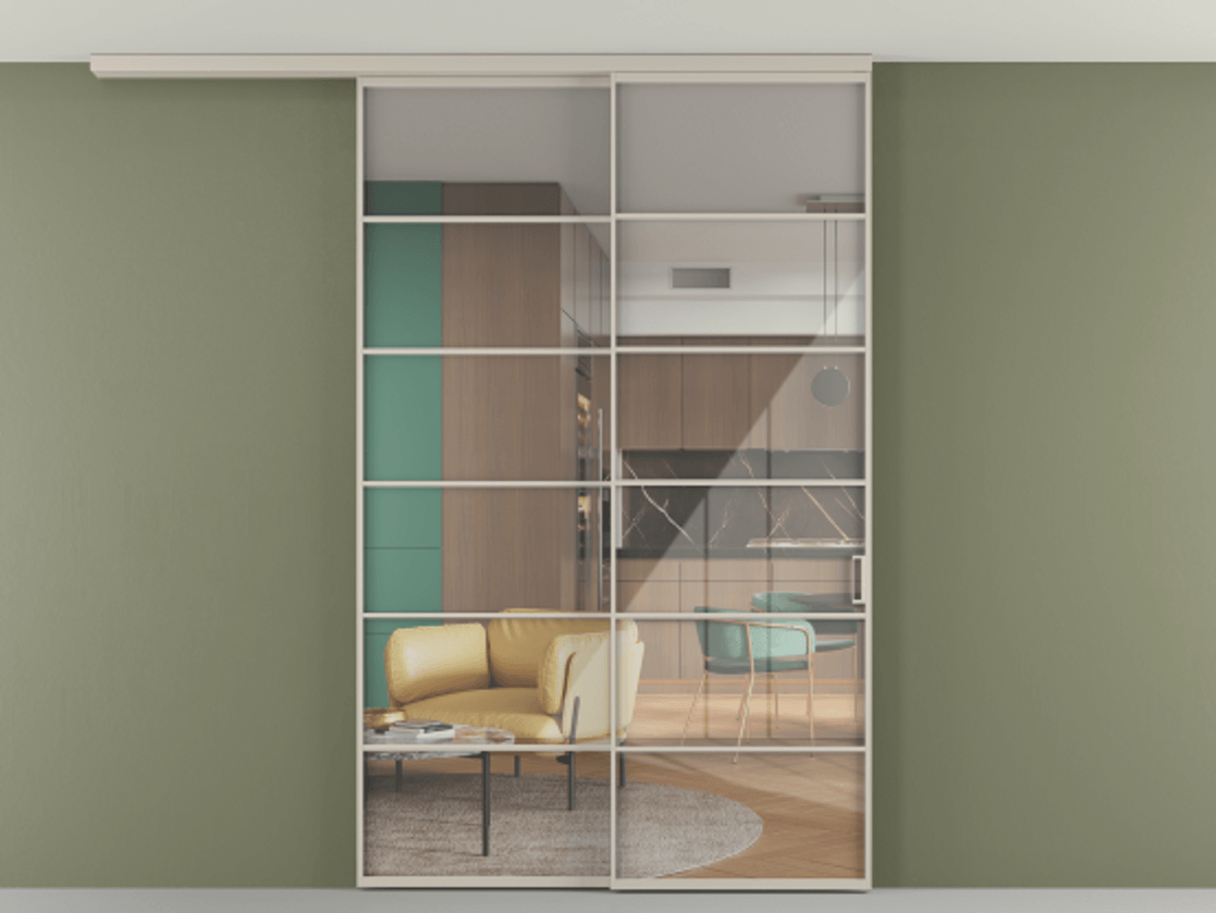 Перегородка Формато вдоль стены на потолок 2 створки с синхронным механизмом АЛПР 040.04 Алюминий светло-бежевый Рефлективное прозрачное стекло "Стопсол", калёное Цена 443360 сом | Volhovec