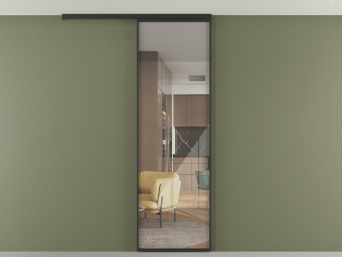 Перегородка Formato вдоль стены на потолок 1 створка АЛПР 040.01 Алюминий Черный Рефлективное прозрачное стекло "Stopsol", калёное Цена 115130 ₽ | Volhovec