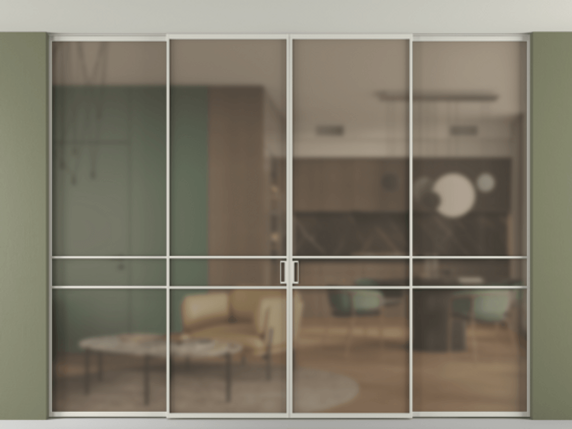 Перегородка Formato внутри проёма скрытое крепление в потолок 4 створки АЛПР 040.02 Алюминий тёплый серый Сатинированное бронзовое стекло, триплекс Цена 641410 сом | Volhovec