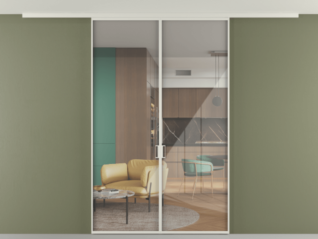 Перегородка Формато вдоль стены на потолок 2 створки АЛПР 040.01 Алюминий Белый Рефлективное прозрачное стекло "Стопсол", калёное Цена 325360 сом | Volhovec