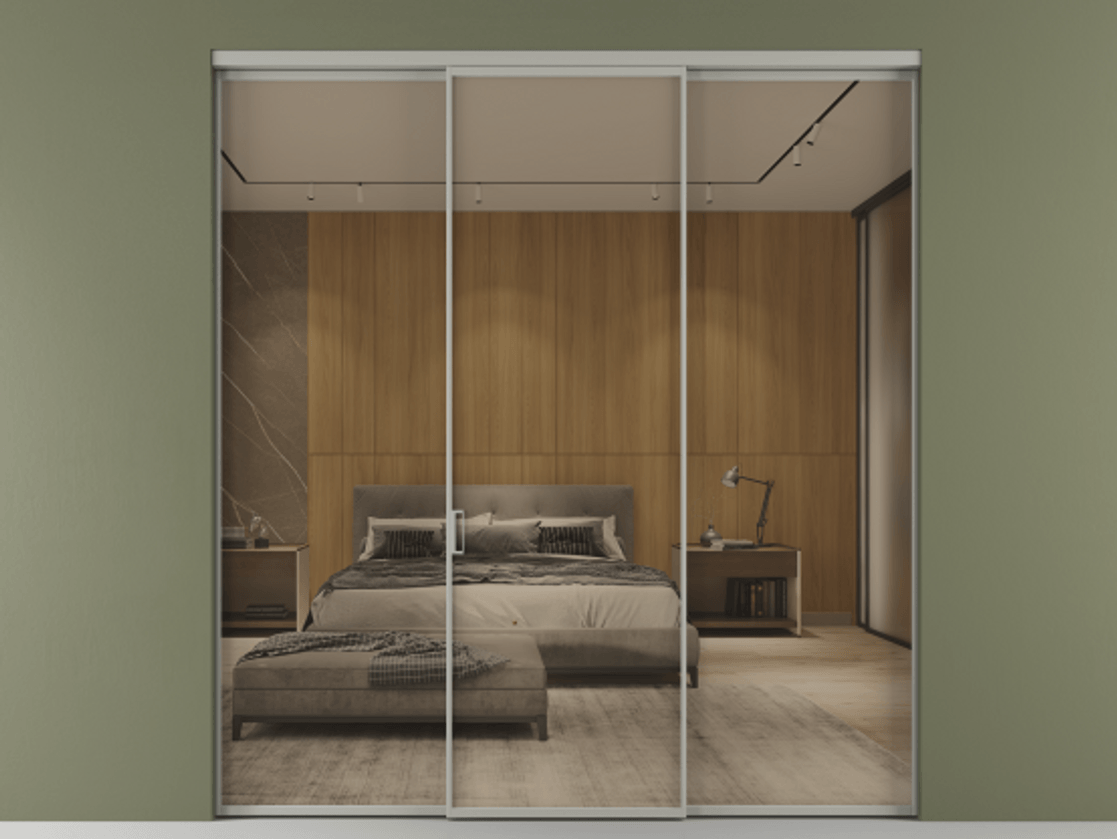 Перегородка Формато внутри проёма 3 створки АЛПР 040.01 Алюминий нейтральный серый Рефлективное бронзовое стекло "Стопсол", калёное Цена 438840 сом | Volhovec