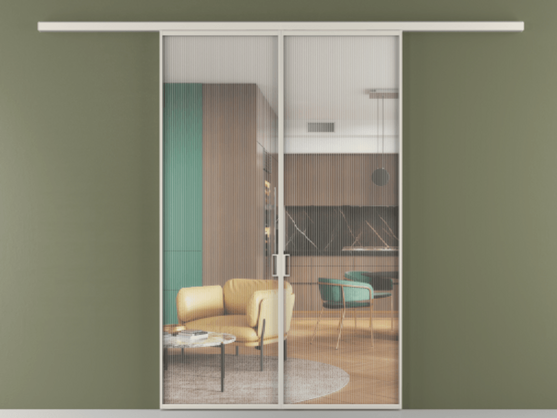 Перегородка Формато вдоль стены 2 створки АЛПР 040.01 Алюминий облачно-серый Рифлёное стекло "Мору", триплекс Цена 290250 сом | Volhovec