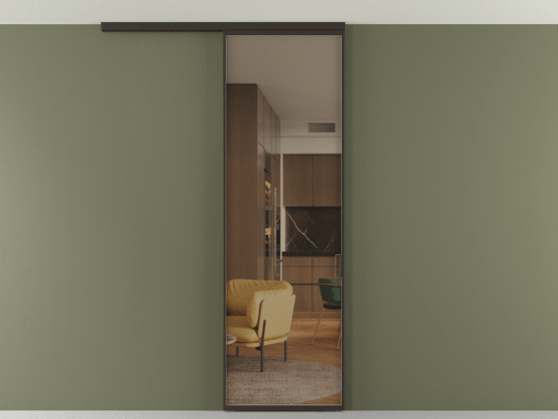 Перегородка Формато вдоль стены на потолок 1 створка АЛПР 040.01 Алюминий антрацит Прозрачное бронзовое стекло, триплекс Цена 140120 сом | Volhovec