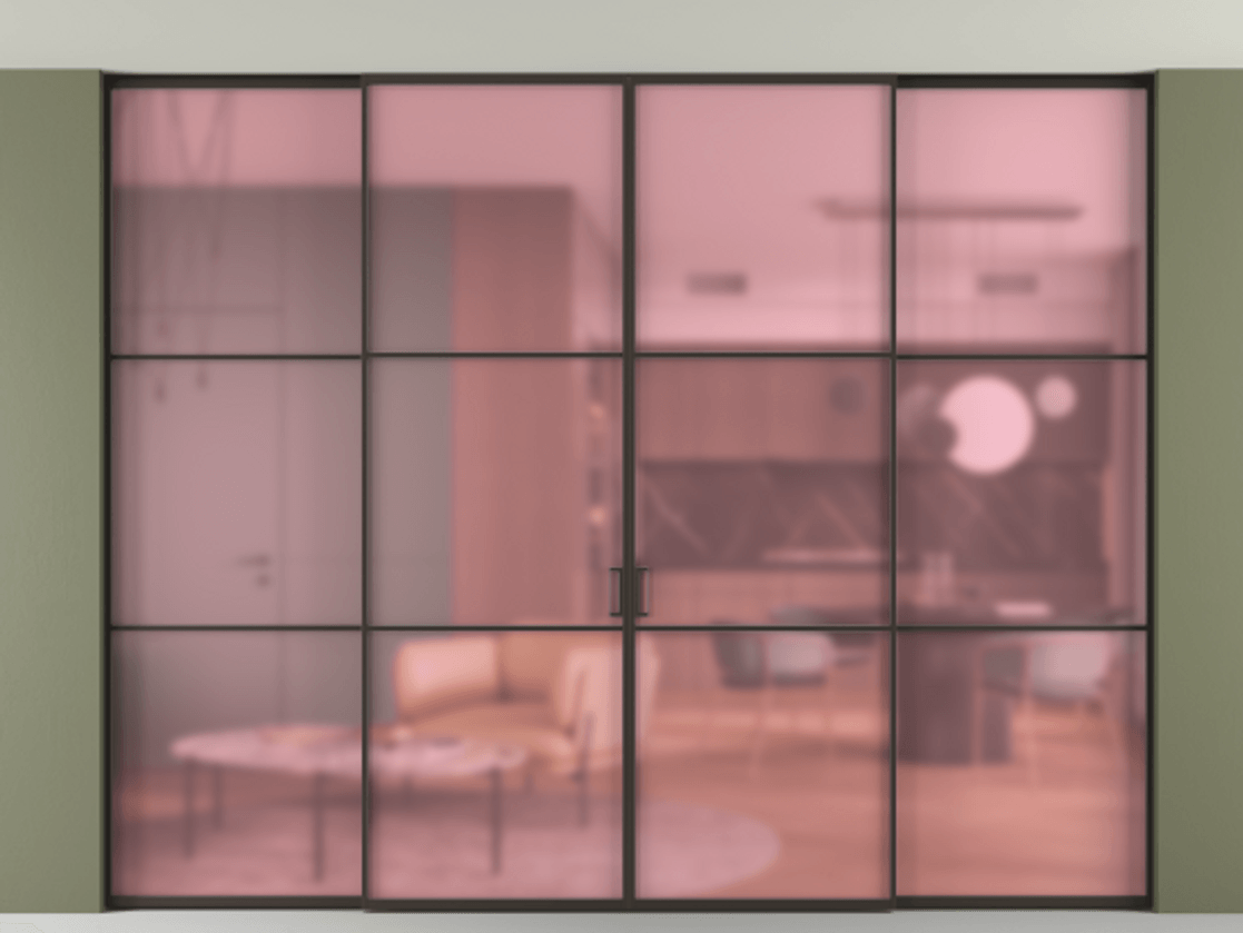 Перегородка Формато внутри проёма скрытое крепление в потолок 4 створки АЛПР 040.03 Алюминий антрацит Сатинированное розовое стекло, триплекс Цена 665470 сом | Volhovec