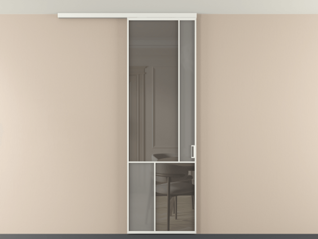 Перегородка Мозаик вдоль стены на потолок 1 створка АЛПР 041.21 Алюминий светло-серый Сатинированное серое стекло, триплекс, 6 мм + Прозрачное серое стекло, триплекс Цена 196620 сом | Volhovec