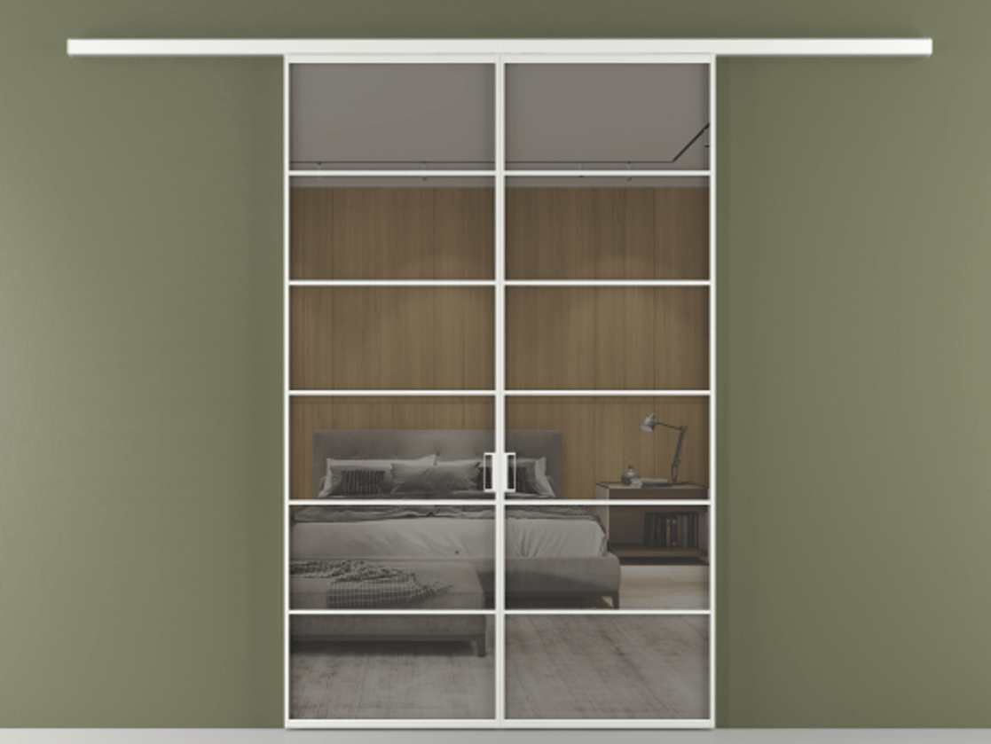 Перегородка Формато вдоль стены 2 створки АЛПР 040.04 Алюминий белоснежный Рефлективное серое стекло "Стопсол", калёное Цена 1784460 AMD | Volhovec