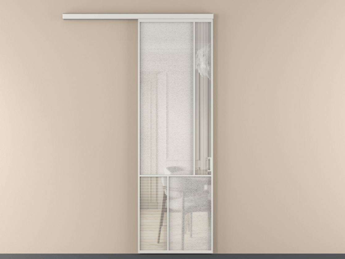 Перегородка Mosaic вдоль стены 1 створка АЛПР 041.21 Алюминий серый Рифлёное стекло "Дюна", триплекс, 6 мм + Фактурное стекло "Лёд", триплекс Цена 211160 сом | Volhovec