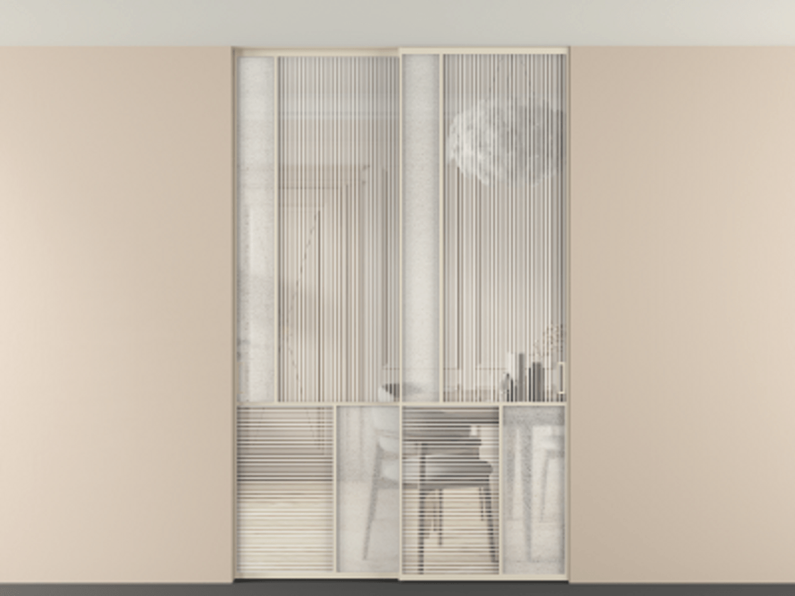 Перегородка Мозаик внутри проёма скрытое крепление в потолок 2 створки АЛПР 041.20 Алюминий бежево-серый Рифлёное стекло "Дюна", триплекс, 6 мм + Фактурное стекло "Лёд", триплекс Цена 495880 сом | Volhovec