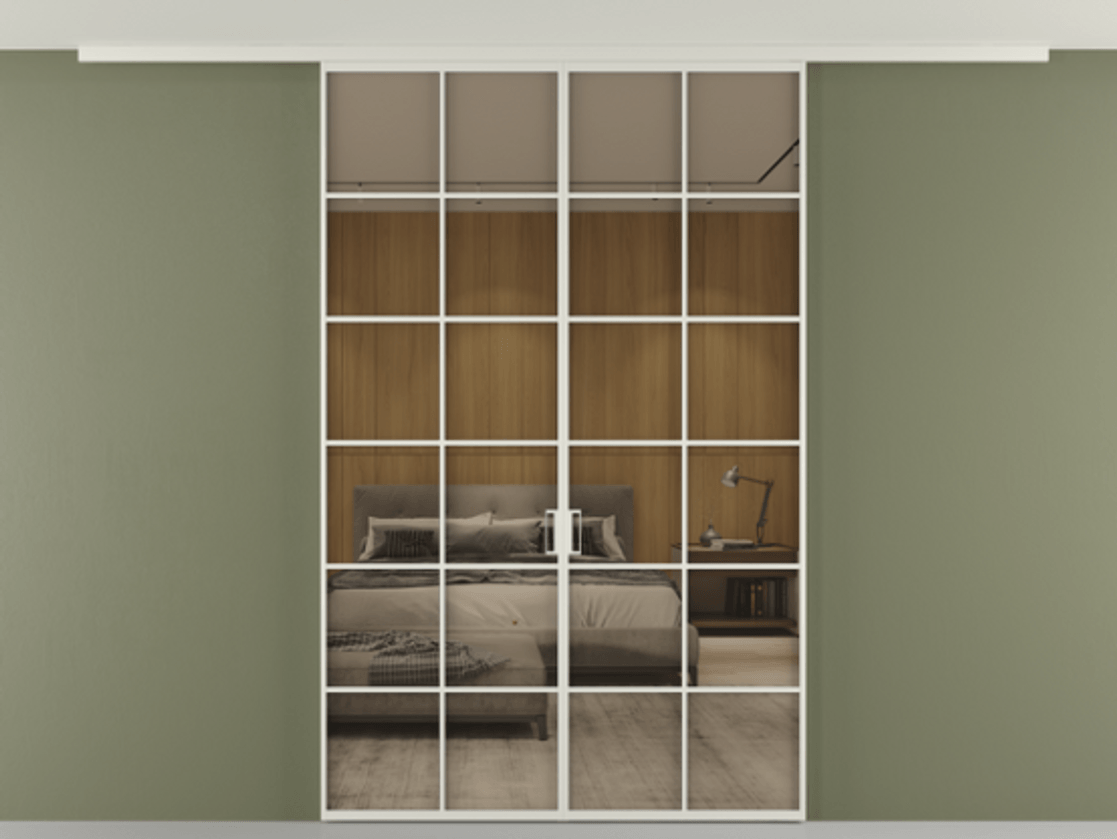 Перегородка Формато вдоль стены на потолок 2 створки АЛПР 040.05 Алюминий Белый Рефлективное бронзовое стекло "Стопсол", калёное Цена 365720 сом | Volhovec