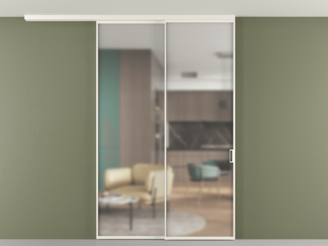 Перегородка Формато вдоль стены на потолок 2 створки с синхронным механизмом АЛПР 040.01 Алюминий пудровый белый Сатинированное стекло "Мателюкс Кристал Вижн", калёное, матовое, каленое 6 мм Цена 458840 сом | Volhovec