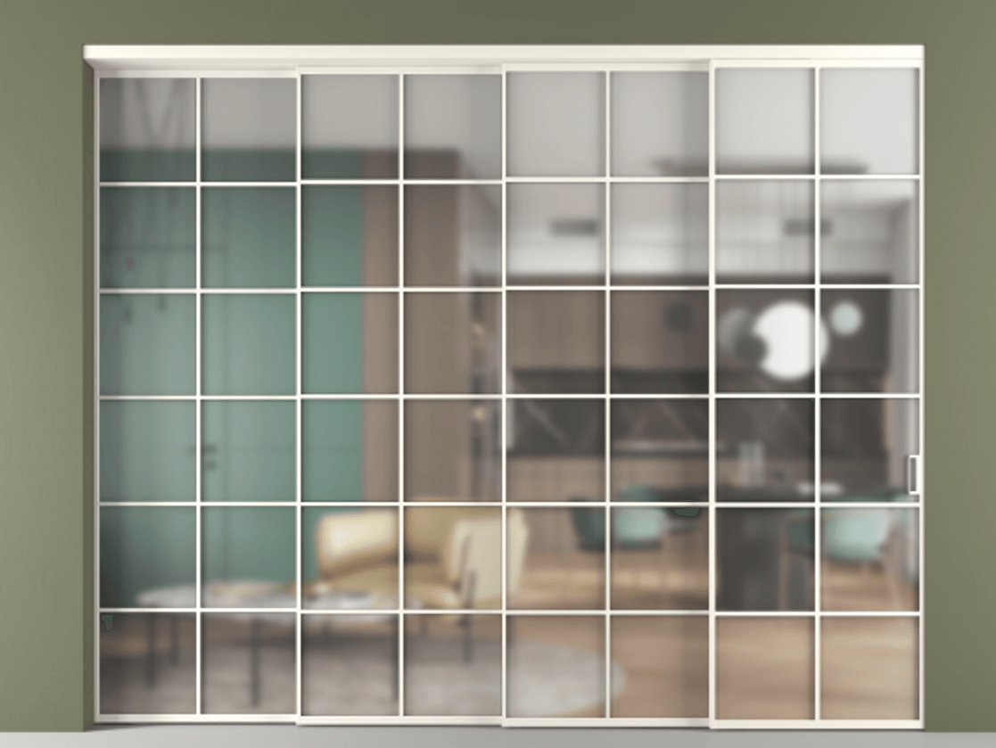 Перегородка Формато внутри проёма 4 створки с синхронным механизмом АЛПР 040.05 Алюминий пудровый белый Сатинированное стекло "Мателюкс Кристал Вижн", калёное, матовое, каленое 6 мм. Цена 748790 сом 1. Полотно 4 шт. (800/2100 мм)
2. Комплект установки раздвижной системы
3. Базовый комплект фурнитуры
4. Комплект фурнитуры телескопик синхро-3
5. Ручка Рондо. Фабрика дверей Волховец 8 (800) 551 43 19 Перегородка Формато внутри проёма 4 створки с синхронным механизмом АЛПР 040.05 Алюминий пудровый белый Сатинированное стекло "Мателюкс Кристал Вижн", калёное, матовое, каленое 6 мм Цена 748790 сом | Volhovec