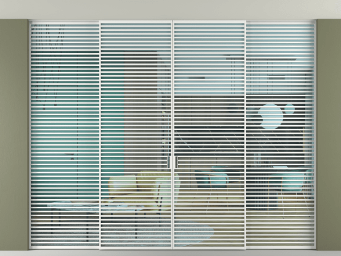 Перегородка Formato внутри проёма скрытое крепление в потолок 4 створки АЛПР 040.07 Алюминий белоснежный Прозрачное голубое стекло, триплекс Цена 1167730 сом | Volhovec