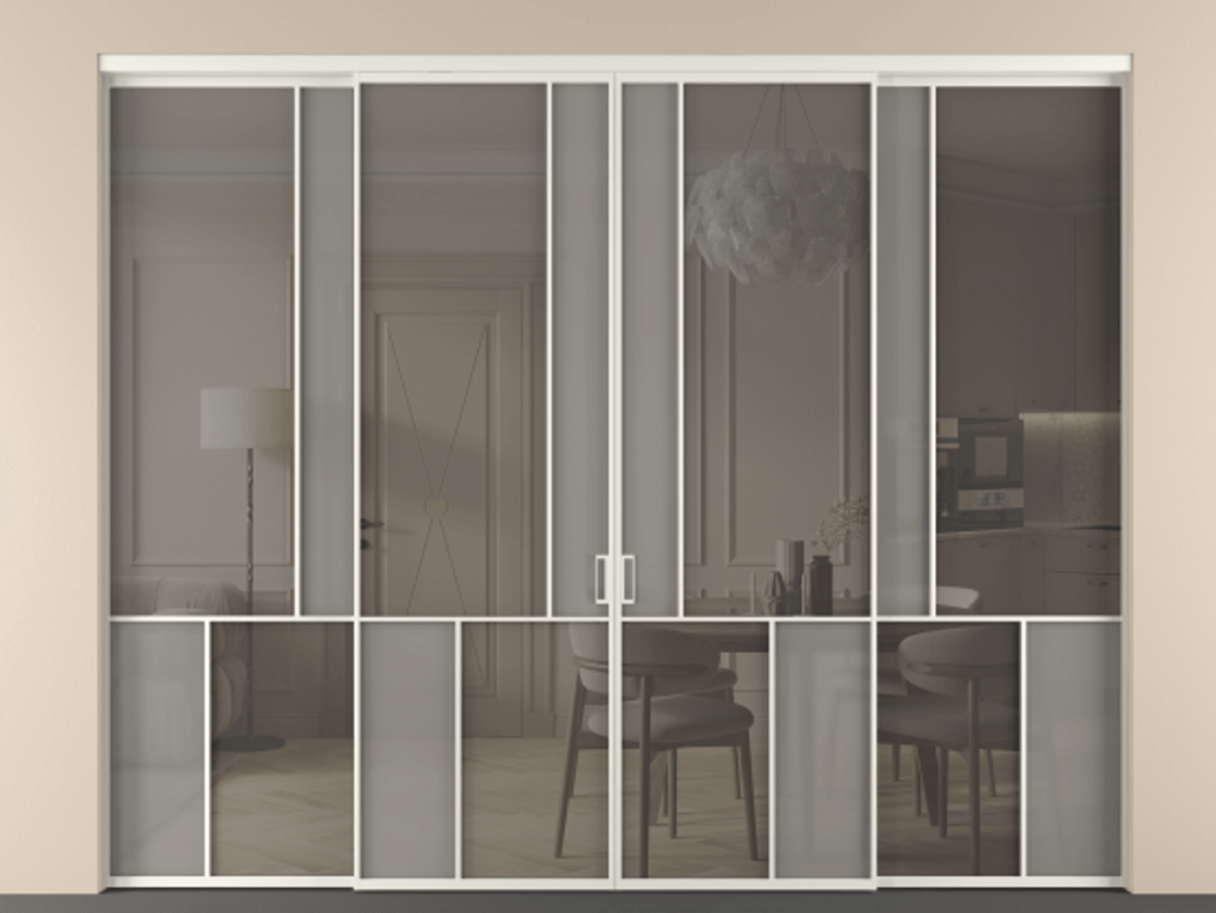 Перегородка Mosaic внутри проёма 4 створки АЛПР 041.20 Алюминий Белый Сатинированное серое стекло, триплекс, 6 мм + Прозрачное серое стекло, триплекс Цена 643490 сом | Volhovec