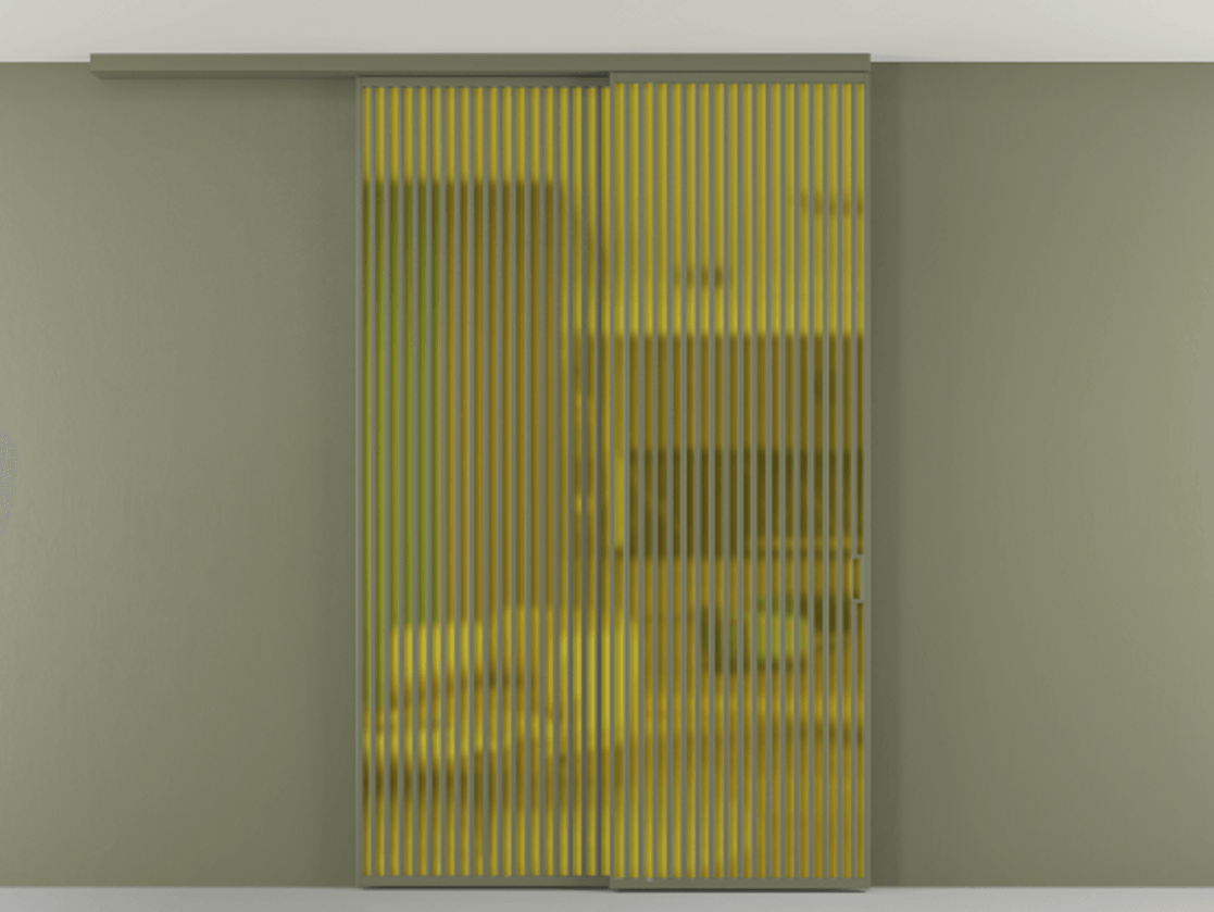 Перегородка Formato вдоль стены на потолок 2 створки с синхронным механизмом АЛПР 040.06 Алюминий оливковый тёмный Сатинированное жёлтое стекло, триплекс Цена 628140.8 сом | Volhovec