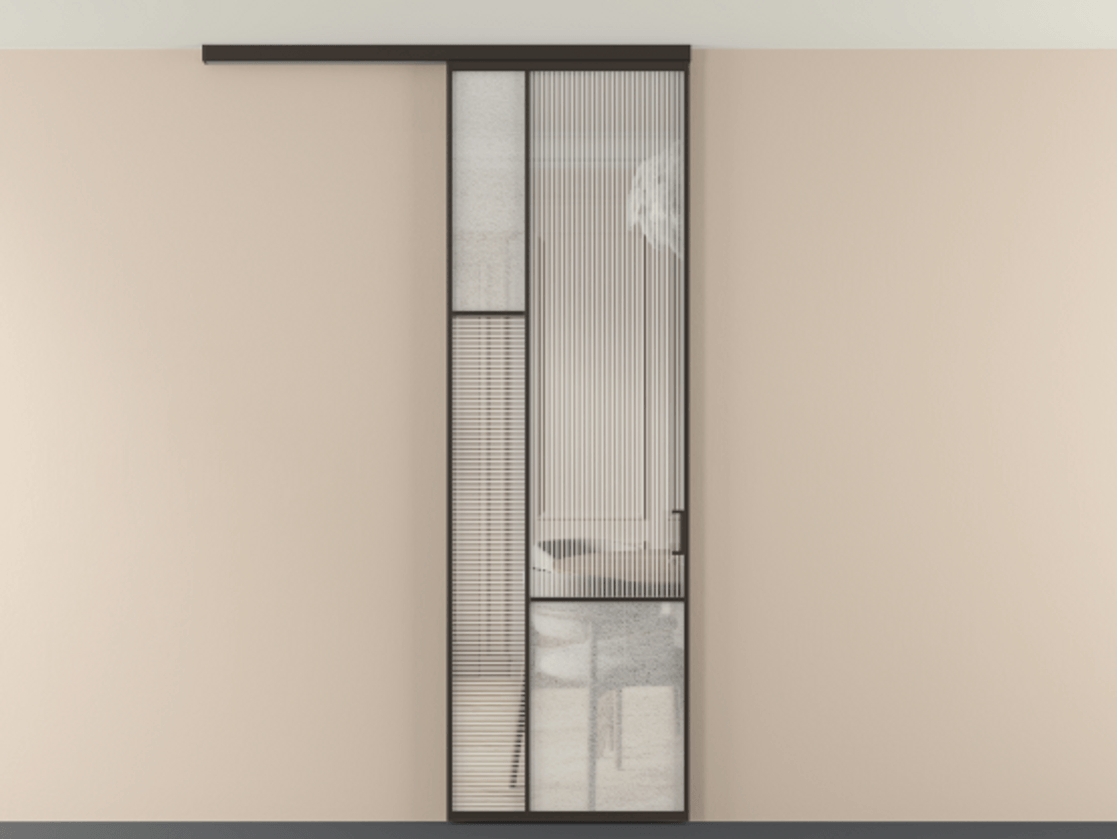 Перегородка Мозаик вдоль стены на потолок 1 створка АЛПР 041.13 Алюминий антрацит Рифлёное стекло "Дюна", триплекс, 6 мм + Фактурное стекло "Лёд", триплекс Цена 208270 сом | Volhovec