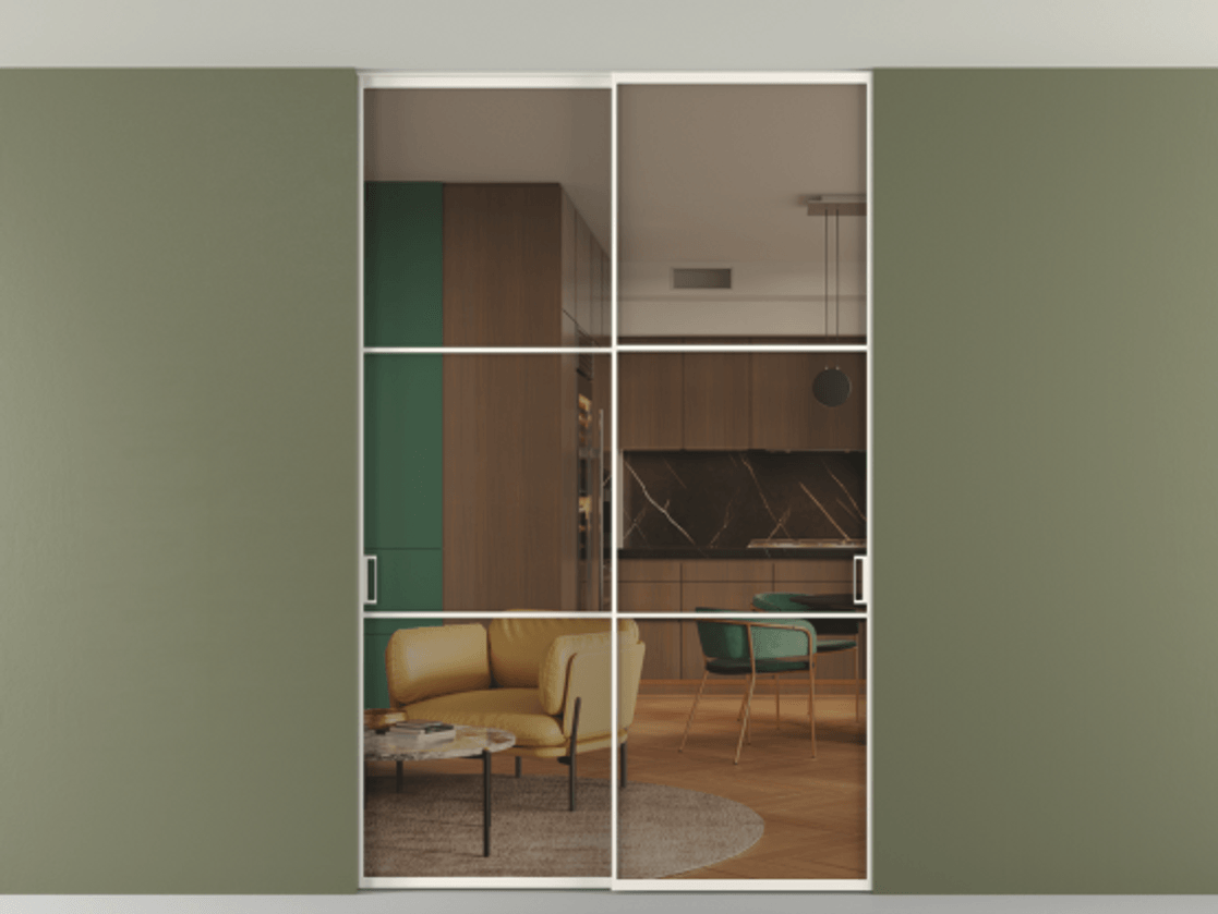 Перегородка Формато внутри проёма скрытое крепление в потолок 2 створки АЛПР 040.03 Алюминий пудровый белый Прозрачное бронзовое стекло, триплекс Цена 361400 сом | Volhovec