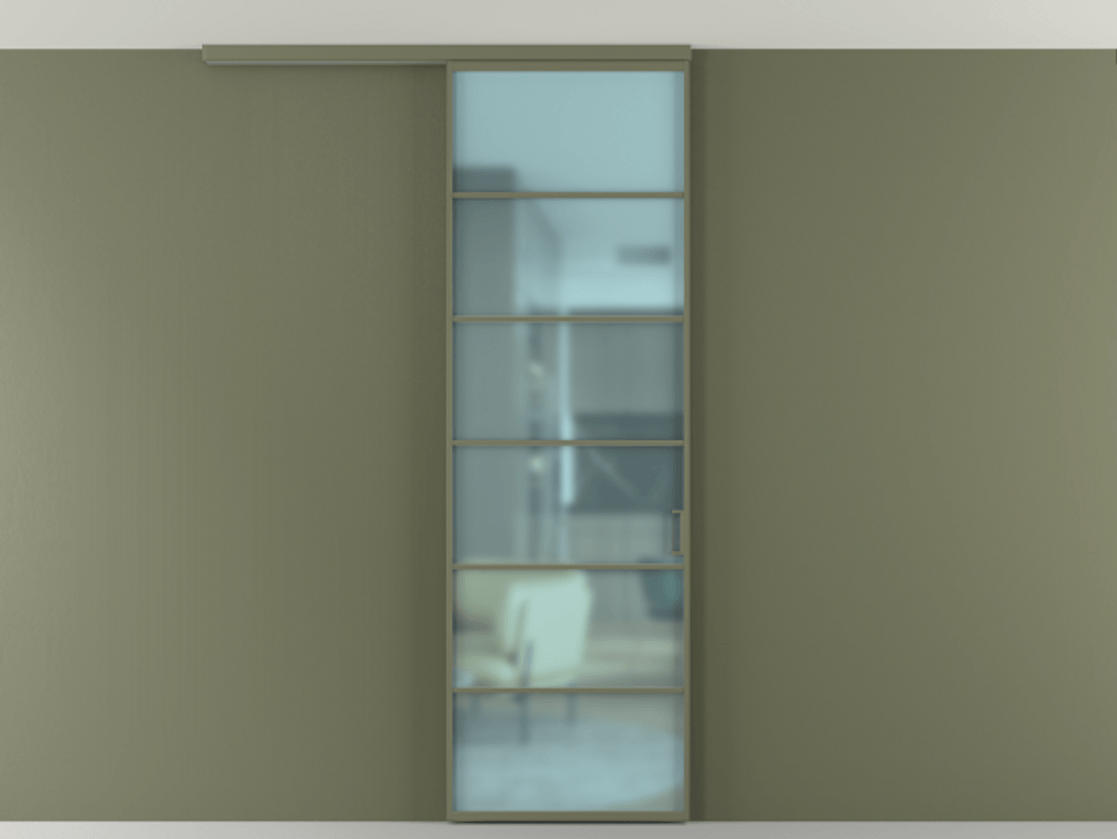 Перегородка Формато вдоль стены на потолок 1 створка АЛПР 040.04 Алюминий оливковый тёмный Сатинированное голубое стекло, триплекс Цена 150390 сом | Volhovec