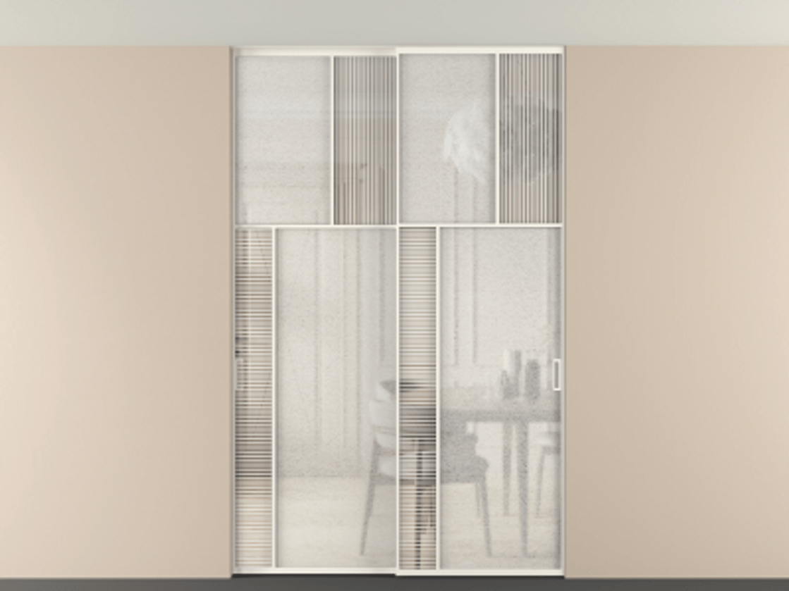 Перегородка Мозаик внутри проёма скрытое крепление в потолок 2 створки АЛПР 041.22 Алюминий пудровый белый Рифлёное стекло "Дюна", триплекс, 6 мм + Фактурное стекло "Лёд", триплекс Цена 495880 сом | Volhovec