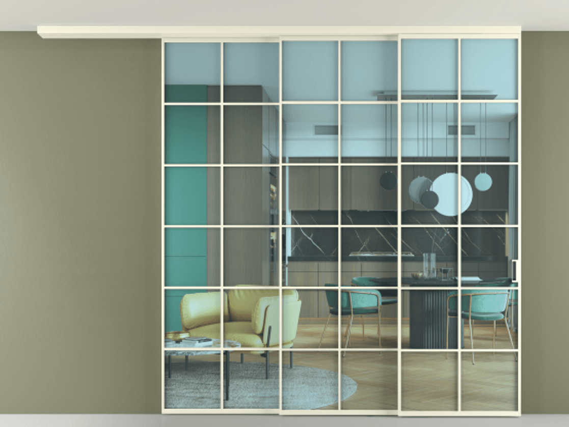 Перегородка Формато вдоль стены на потолок 3 створки с синхронным механизмом АЛПР 040.05 Алюминий молочно-белый Прозрачное голубое стекло, триплекс Цена 587170 сом | Volhovec