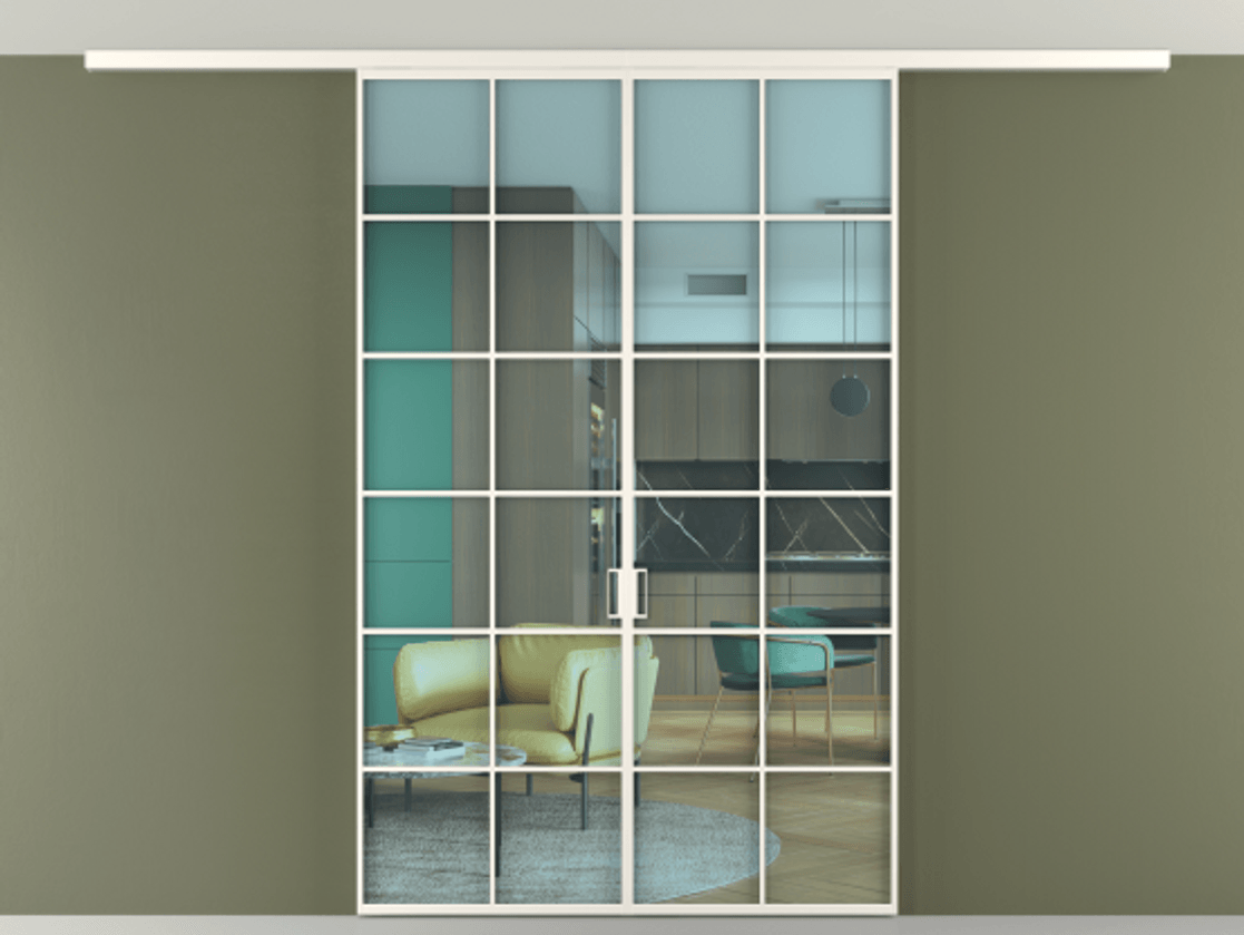 Перегородка Формато вдоль стены на потолок 2 створки АЛПР 040.05 Алюминий пудровый белый Прозрачное голубое стекло, триплекс Цена 290450 сом | Volhovec