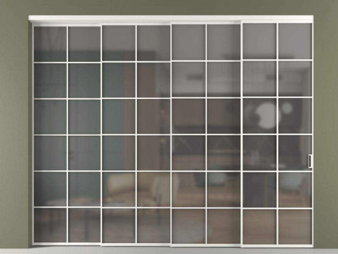 Перегородка Формато внутри проёма 4 створки с синхронным механизмом АЛПР 040.05 Алюминий светло-серый Сатинированное серое стекло, триплекс Цена 711520 сом | Volhovec