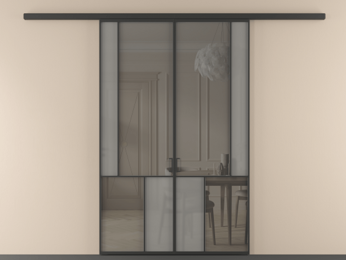 Перегородка Mosaic вдоль стены 2 створки АЛПР 041.21 Алюминий Черный Сатинированное серое стекло, триплекс, 6 мм + Прозрачное серое стекло, триплекс Цена 369940 сом | Volhovec