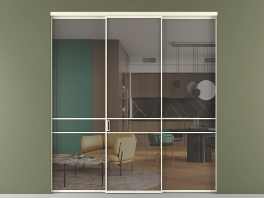 Перегородка Формато внутри проёма 3 створки АЛПР 040.02 Алюминий молочно-белый Рефлективное серое стекло "Стопсол", калёное Цена 462430 сом | Volhovec