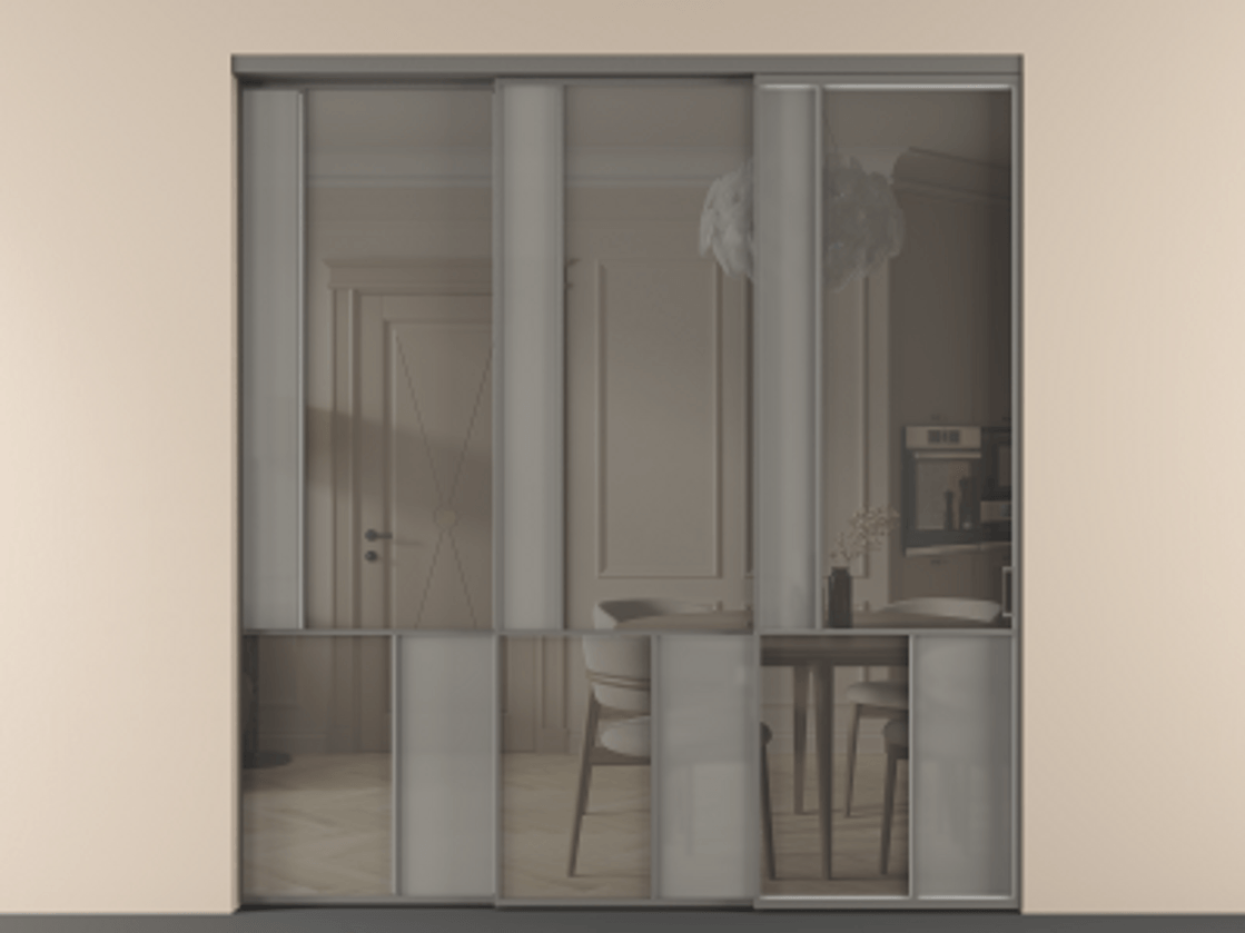 Перегородка Мозаик внутри проёма 3 створки с синхронным механизмом АЛПР 041.20  Алюминий классический серый Сатинированное серое стекло, триплекс, 6 мм + Прозрачное серое стекло, триплекс Цена 636840 сом | Volhovec