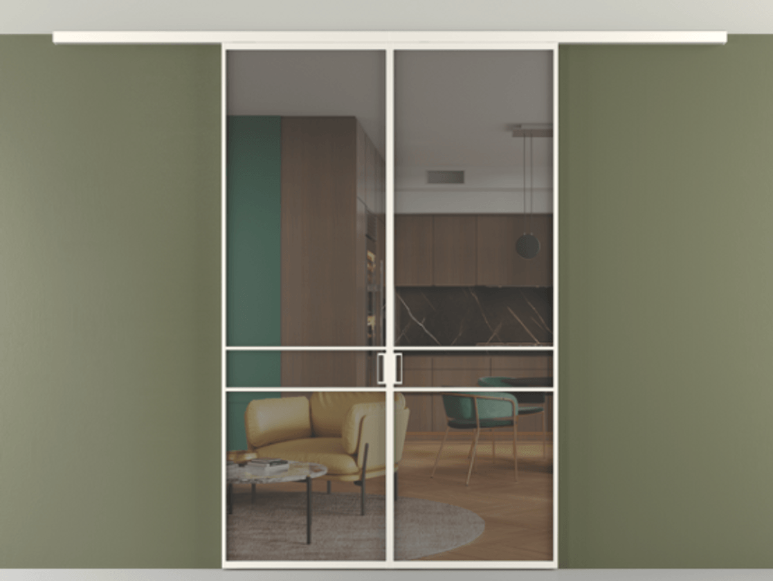 Перегородка Формато вдоль стены на потолок 2 створки АЛПР 040.02 Алюминий пудровый белый Прозрачное серое стекло, триплекс Цена 11880 AZE | Volhovec