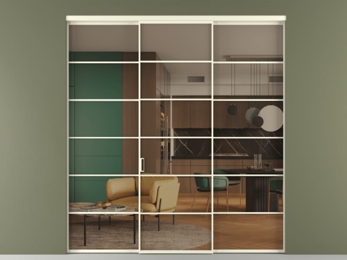 Перегородка Формато внутри проёма 3 створки АЛПР 040.04 Алюминий молочно-белый Прозрачное бронзовое стекло, триплекс Цена 371030 сом | Volhovec