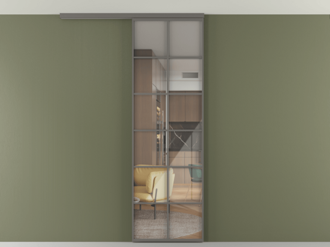 Перегородка Формато вдоль стены на потолок 1 створка АЛПР 040.05 Алюминий классический серый Рефлективное прозрачное стекло "Стопсол", калёное Цена 166351 сом | Volhovec