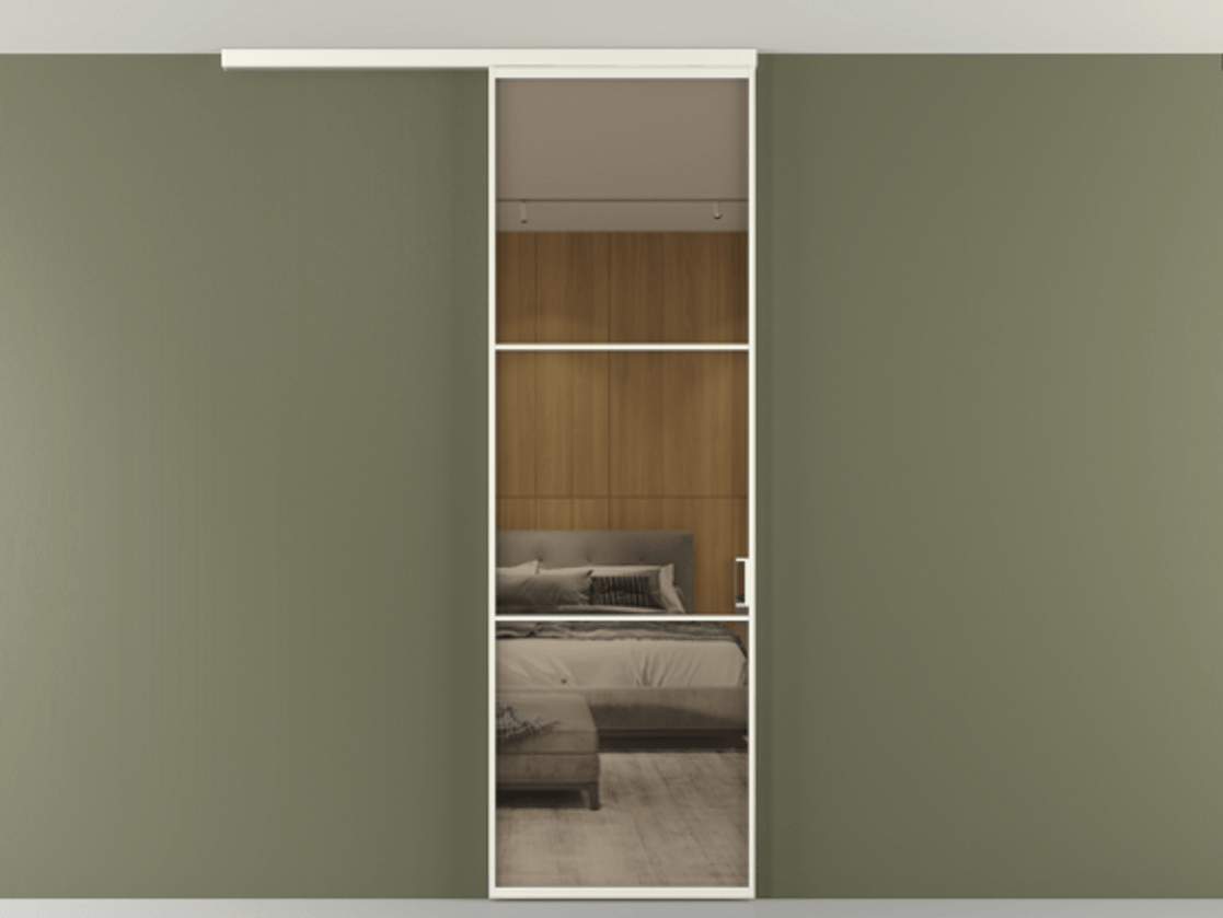 Перегородка Формато вдоль стены на потолок 1 створка АЛПР 040.03 Алюминий жемчужный Рефлективное бронзовое стекло "Стопсол", калёное Цена 156360 сом | Volhovec